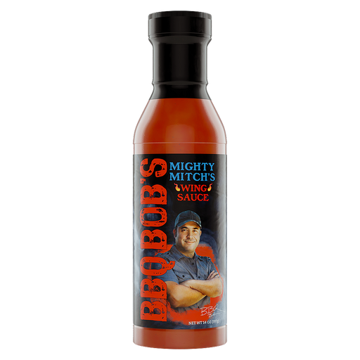 Bottle of BBQ Bob's Mighty Mitch's wing sauce, perfect for elevating your chicken wings.
