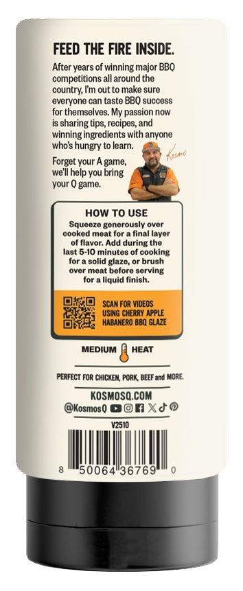 Kosmos Q habanero BBQ glaze with real cherry and apple competition-style finishing glaze for smoked ribs and pork