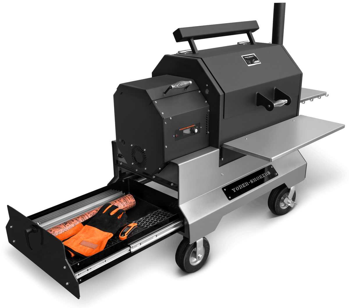 Yoder Smokers YS640S Pellet Grill for Sale on Silver Competition Cart with Storage Drawer.