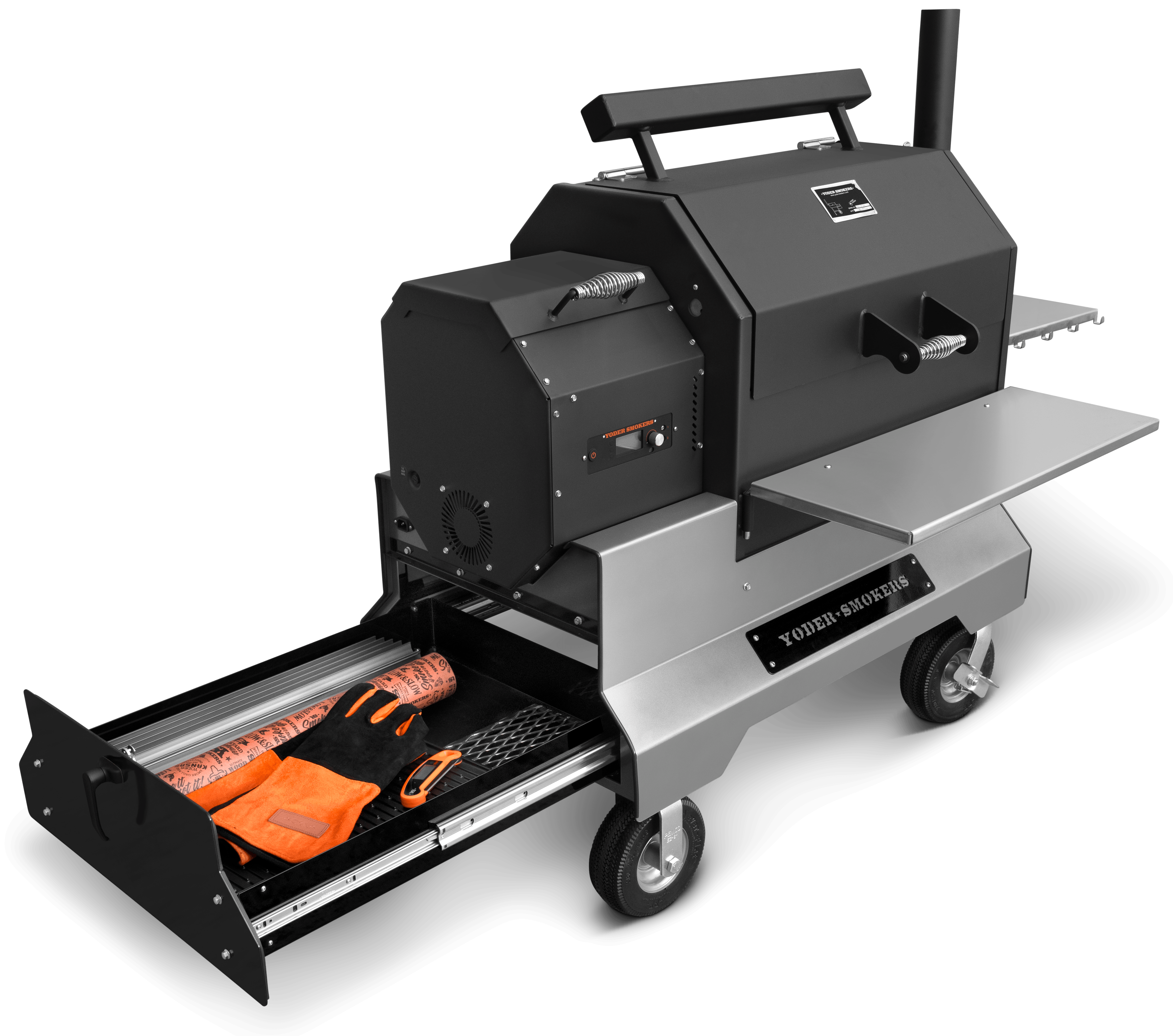 Yoder Smokers YS640S Pellet Grill for Sale on Silver Competition Cart with Storage Drawer.