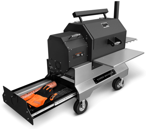 Yoder Smokers YS640S Pellet Grill for Sale on Silver Competition Cart with Storage Drawer.