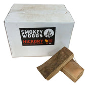 Smokey Woods Boxed Mini Log Wood Splits with hickory sticks, ideal for BBQ cooking and smoking.