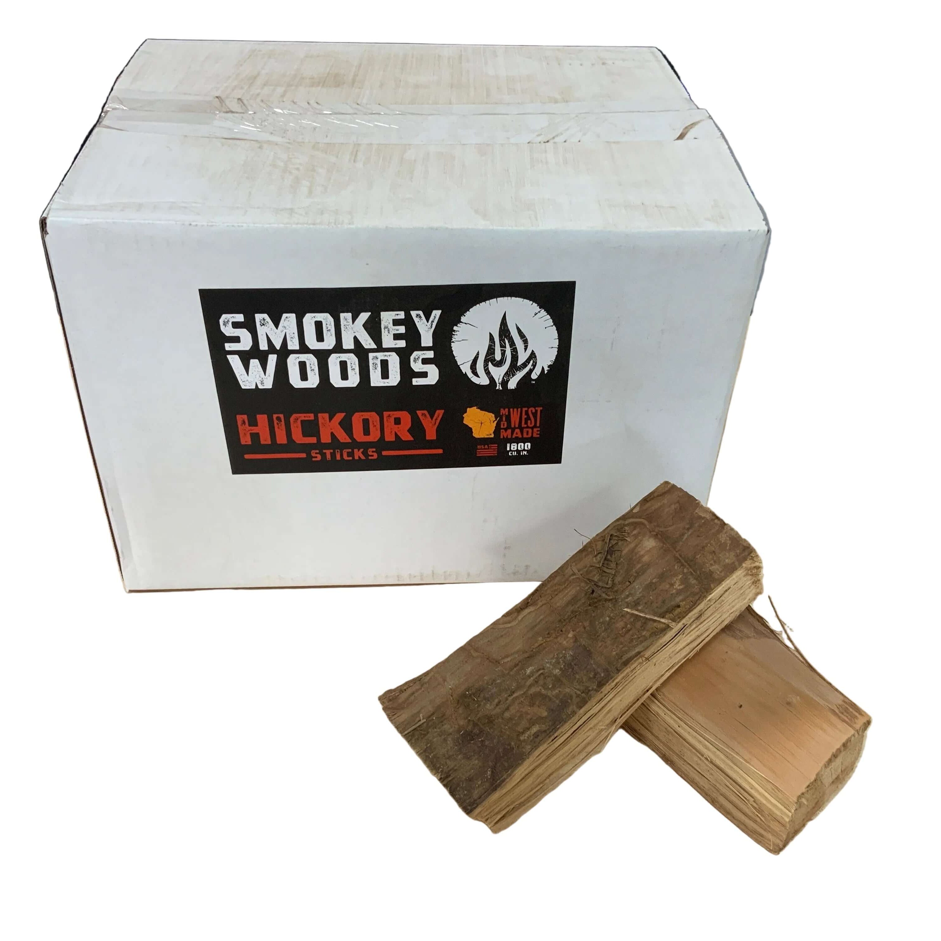 Smokey Woods Boxed Mini Log Wood Splits with hickory sticks, ideal for BBQ cooking and smoking.