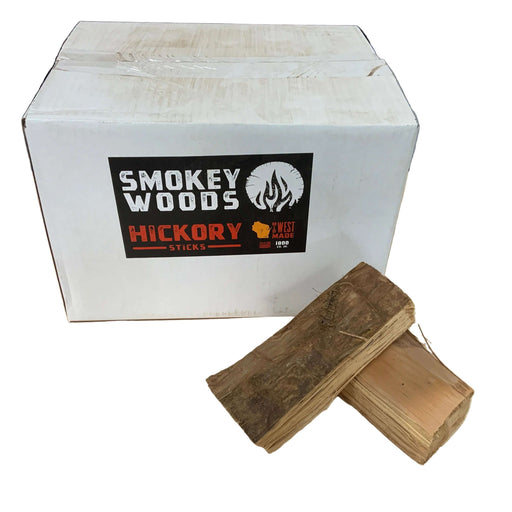 Smokey Woods Boxed Mini Log Wood Splits with hickory sticks, ideal for BBQ cooking and smoking.