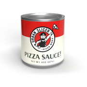 A single can of Urban Slicer's Pizza Sauce on a clean white background. The can features a red top half and a cream bottom half with the brand's logo and the text 'PIZZA SAUCE!' and 'NET WT.