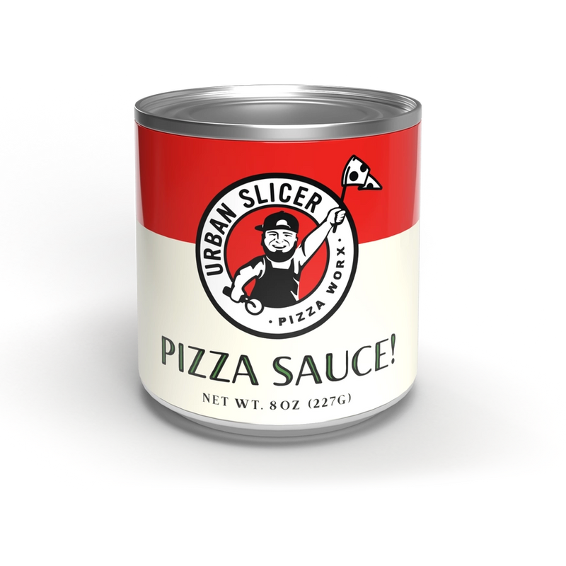 A single can of Urban Slicer's Pizza Sauce on a clean white background. The can features a red top half and a cream bottom half with the brand's logo and the text 'PIZZA SAUCE!' and 'NET WT.