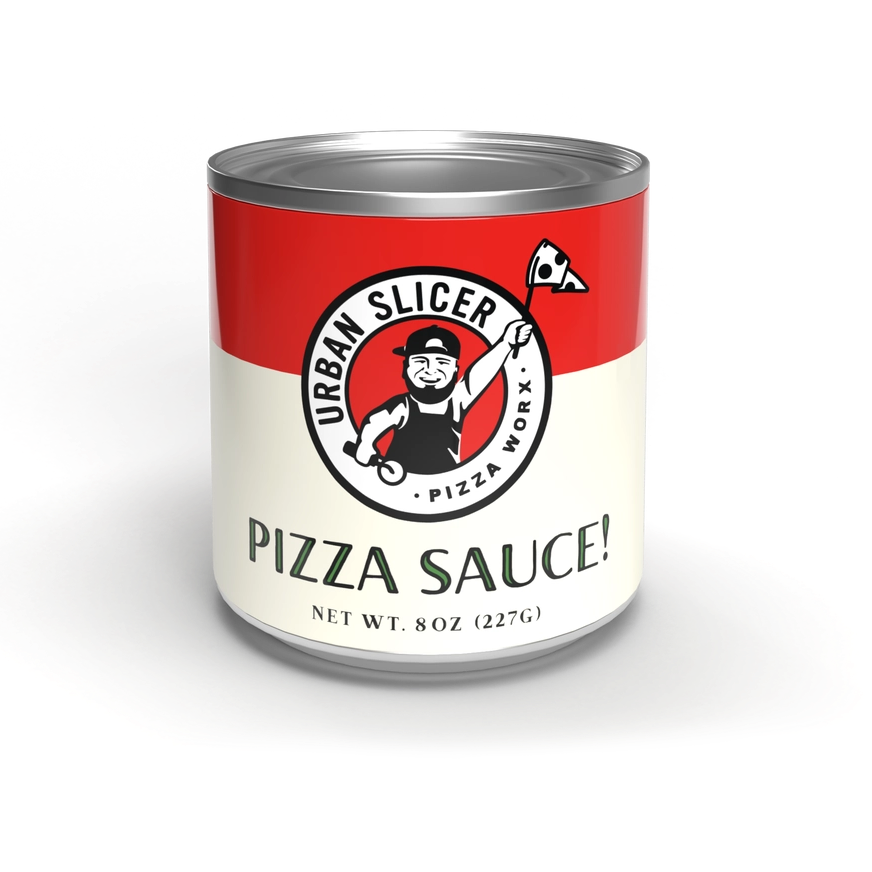A single can of Urban Slicer's Pizza Sauce on a clean white background. The can features a red top half and a cream bottom half with the brand's logo and the text 'PIZZA SAUCE!' and 'NET WT.