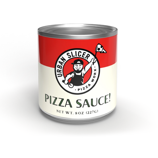 A single can of Urban Slicer's Pizza Sauce on a clean white background. The can features a red top half and a cream bottom half with the brand's logo and the text 'PIZZA SAUCE!' and 'NET WT.