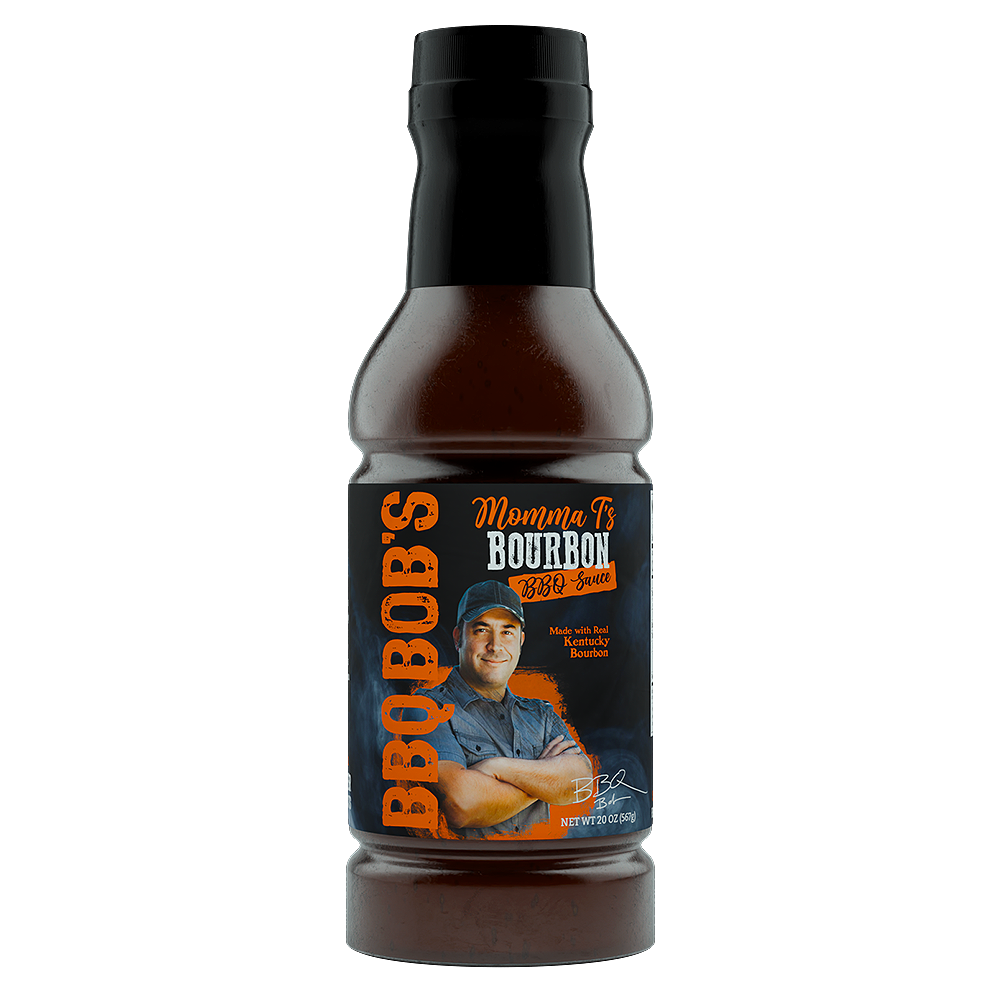 Bobby T's Momma T's Bourbon BBQ Sauce bottle featuring real Kentucky bourbon and savory flavors.
