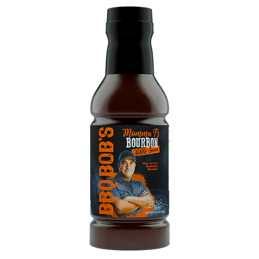 Bobby T's Momma T's Bourbon BBQ Sauce bottle featuring real Kentucky bourbon and savory flavors.