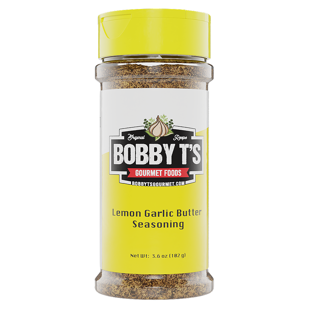 Bobby T's Lemon Garlic Butter Seasoning bottle showcasing all natural ingredients and flavorful blend.
