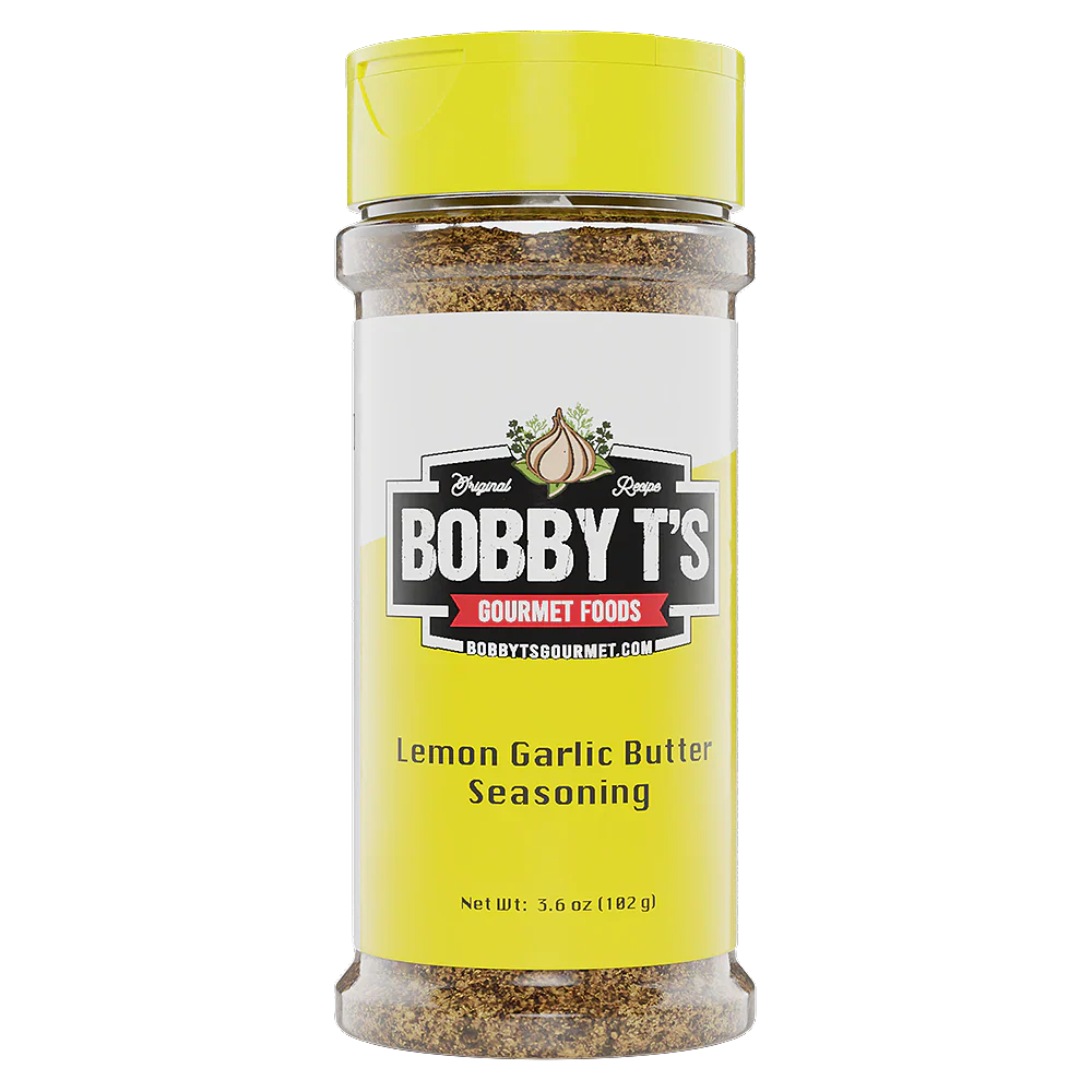Bobby T's Lemon Garlic Butter Seasoning bottle showcasing natural ingredients and zesty flavor profile.