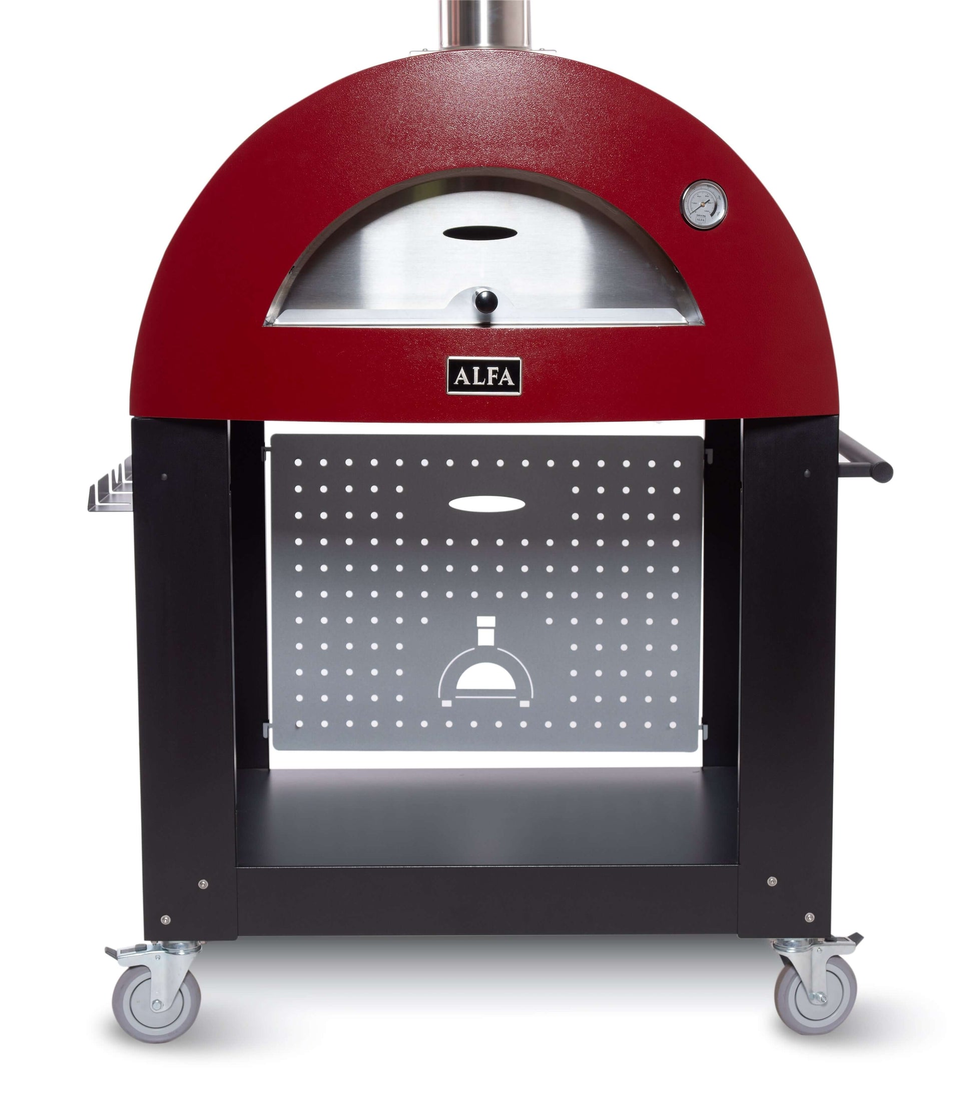 Alfa Moderno 3 Pizze gas pizza oven for modern outdoor cooking, featuring a chic red design and compact build.