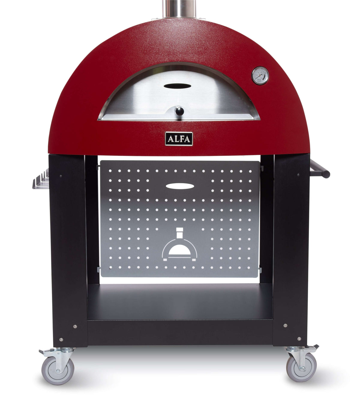 Alfa outdoor pizza oven base with red dome and metal structure for portable outdoor cooking.