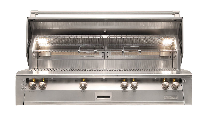 Stainless steel grill with open lid on a white background | American Fire BBQ & Grilling Supply