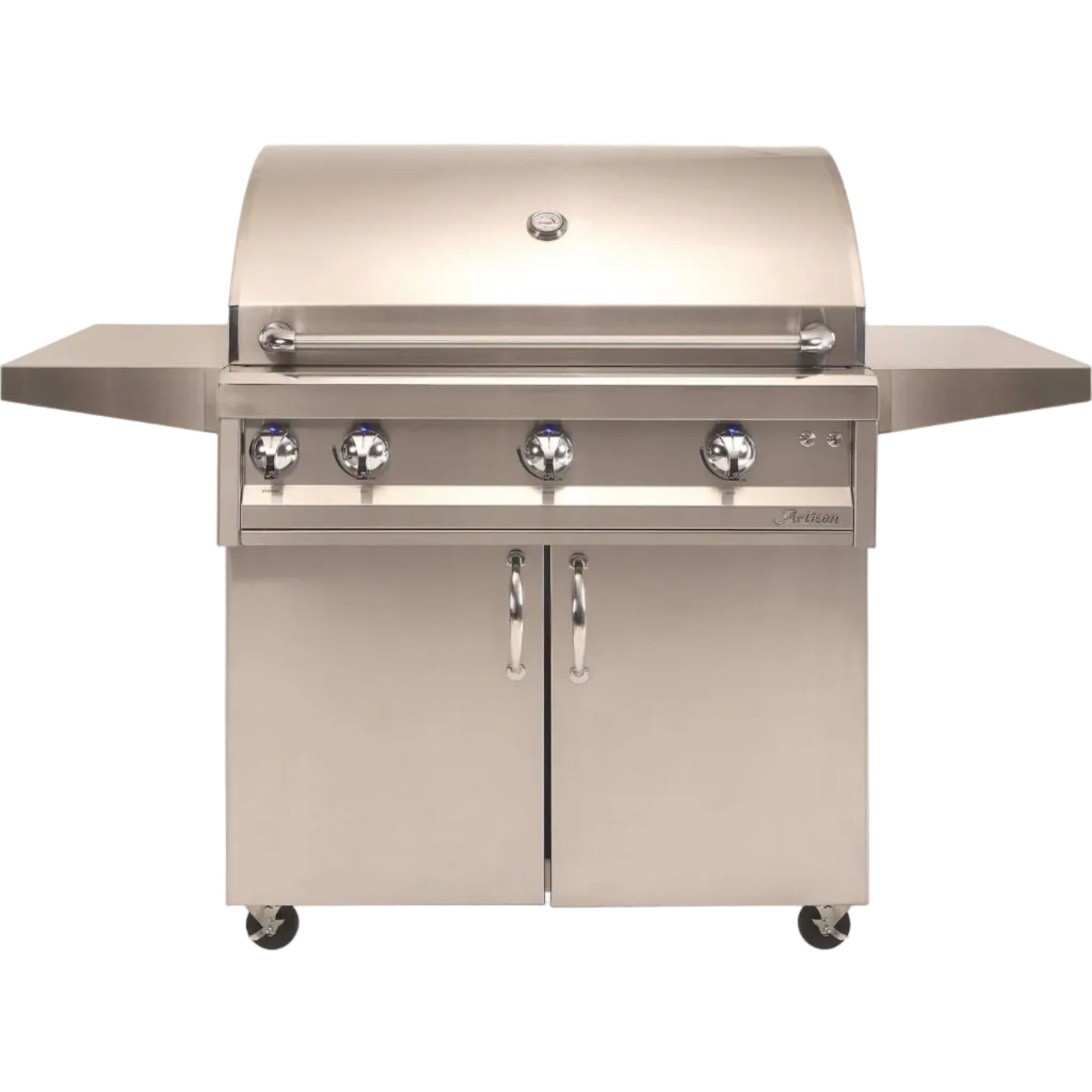 Stainless steel grill with multiple burners on a white background
