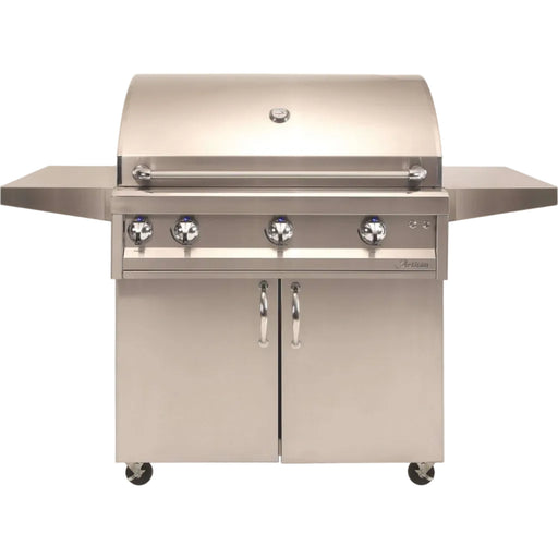 Stainless steel grill with multiple burners on a white background