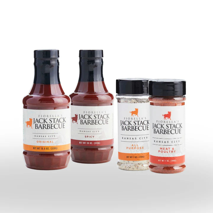 Jack Stack barbecue essentials bundle featuring KC Original BBQ Sauce, KC Spicy Sauce, and all-purpose rub.