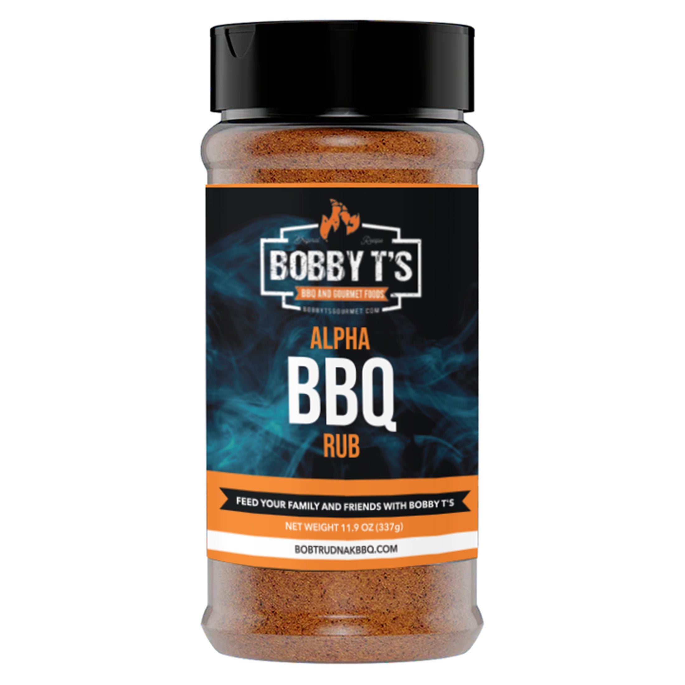 Bobby T's Alpha Barbecue Rub bottle, perfect for competition barbecue rub enthusiasts.