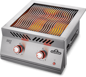 Built-in infrared grill burner by Napoleon with dual control knobs and stainless steel finish.