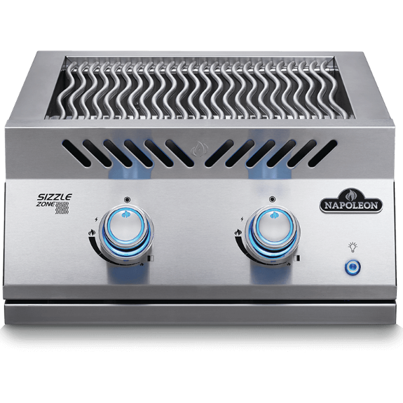 Built-in infrared grill burner from Napoleon featuring SIZZLE ZONE technology and dual control knobs.