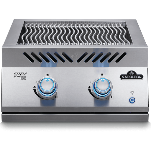 Built-in infrared grill burner from Napoleon featuring SIZZLE ZONE technology and dual control knobs.