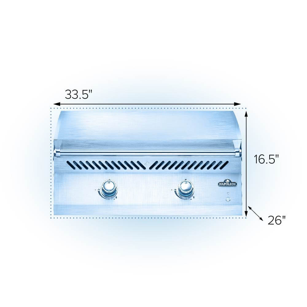 Built-In Gas Griddle 32 inch dimensions including width, height, and depth for outdoor cooking setup.