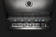 Napoleon built-in propane gas grill control panel with illuminated knobs and sleek stainless steel design.