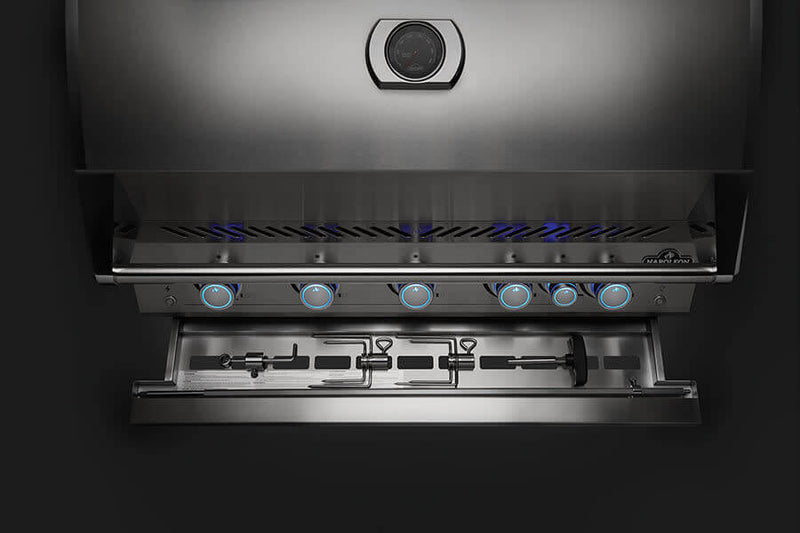 Napoleon built-in propane gas grill control panel with illuminated knobs and sleek stainless steel design.