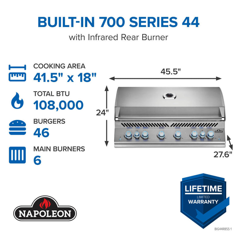Napoleon Grills Built-In 700 Series 44 Rb Propane Gas Grill With Dual Infrared Rear Burners, Stainless Steel