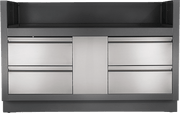 Napoleon grill under cabinet with stainless steel drawers and carbon colored powder-coated finish.