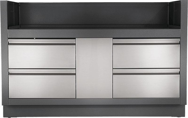 Napoleon grill under cabinet with stainless steel drawers and carbon colored powder-coated finish.