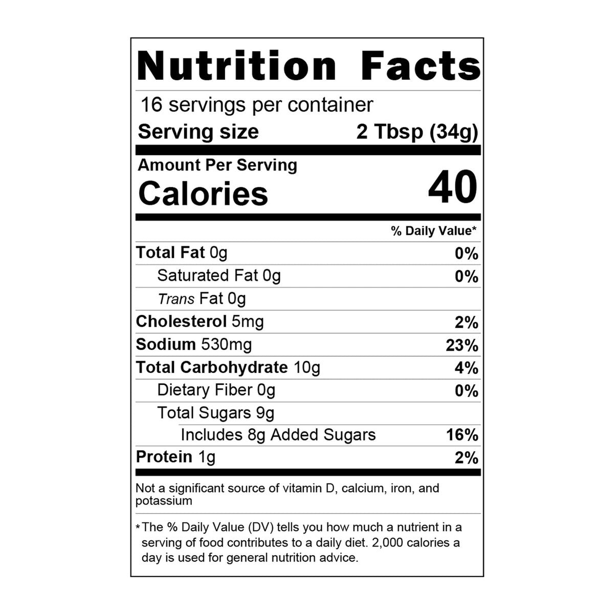 Nutrition facts label for Bobby T's Beef & Big Game BBQ Sauce, detailing calories, fats, sugars, and serving size.