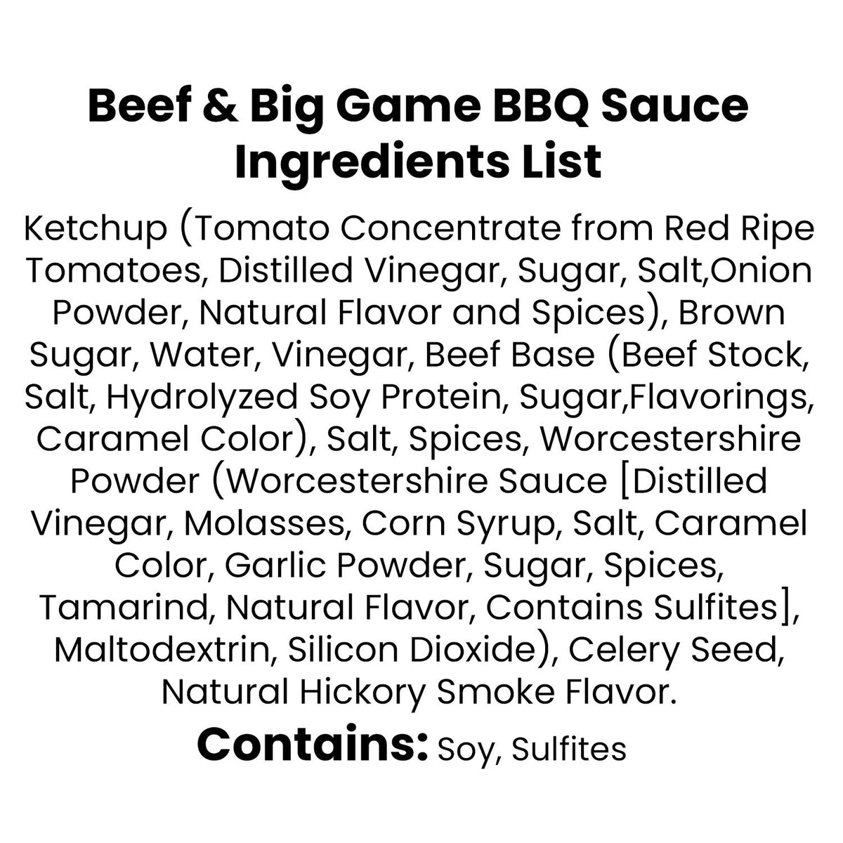 Ingredients list for Bobby T's Beef & Big Game BBQ Sauce featuring soy and sulfites.
