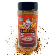 Blazing Star Beef Rub BBQ seasoning bottle for steak and brisket on white background