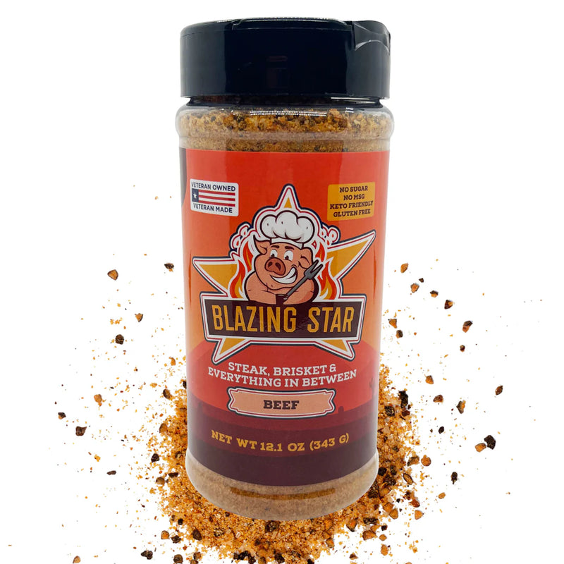 Blazing Star Beef Rub BBQ seasoning bottle for steak and brisket on white background