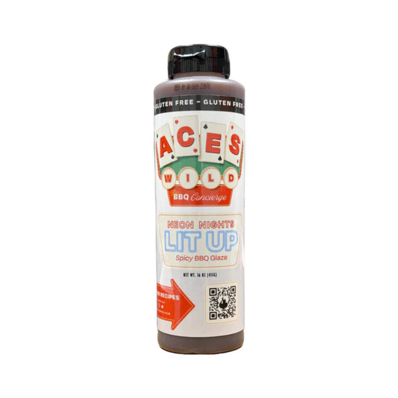 Aces Wild Neon Nights Lit Up Spicy BBQ Glaze bottle, perfect for adding flavor to your dishes, cooking, and grilling.