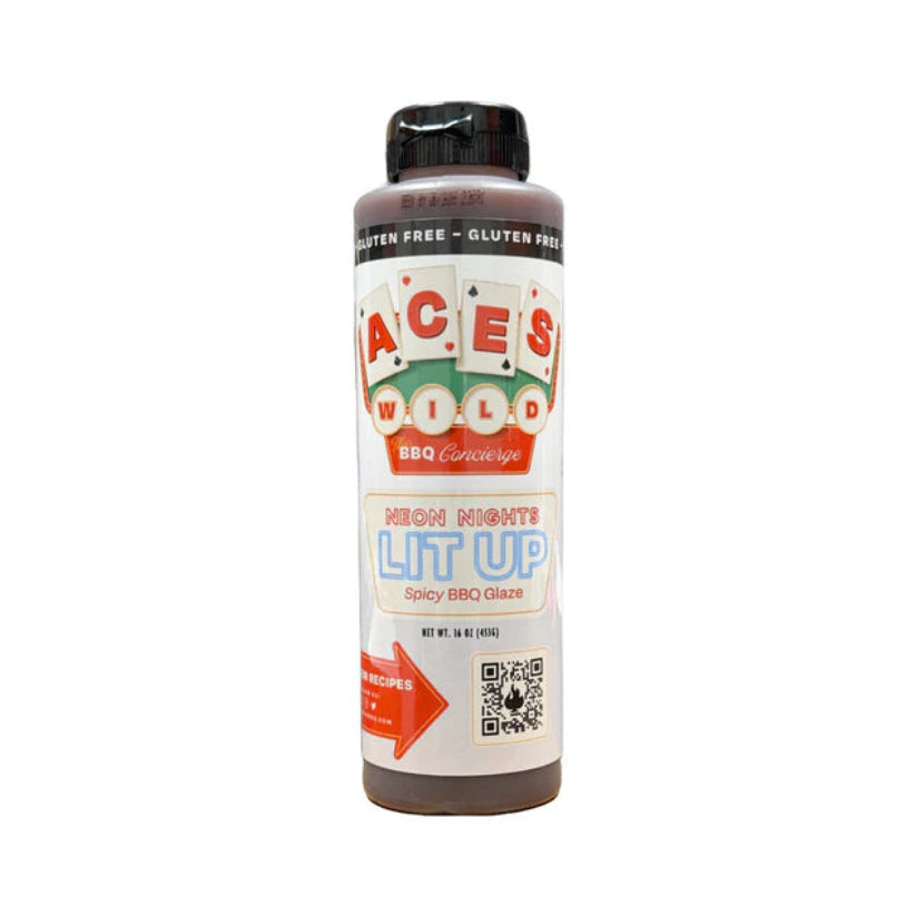 Aces Wild Neon Nights Lit Up spicy BBQ glaze recipe bottle featuring bold, glossy finish and sweet heat.