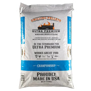 A 20 lb bag of Grilling Pellets Ultra Premium Champion flavor, shown against a dark gray background.