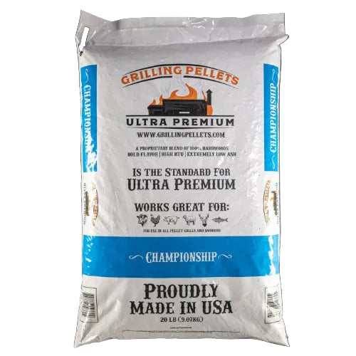 A 20 lb bag of Grilling Pellets Ultra Premium Champion flavor, shown against a dark gray background.