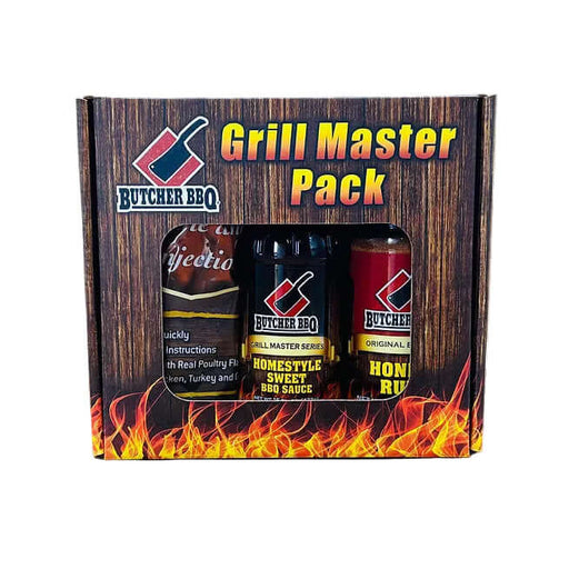 Butcher BBQ Grill Master Pack with three bottles of sauce in a wooden box