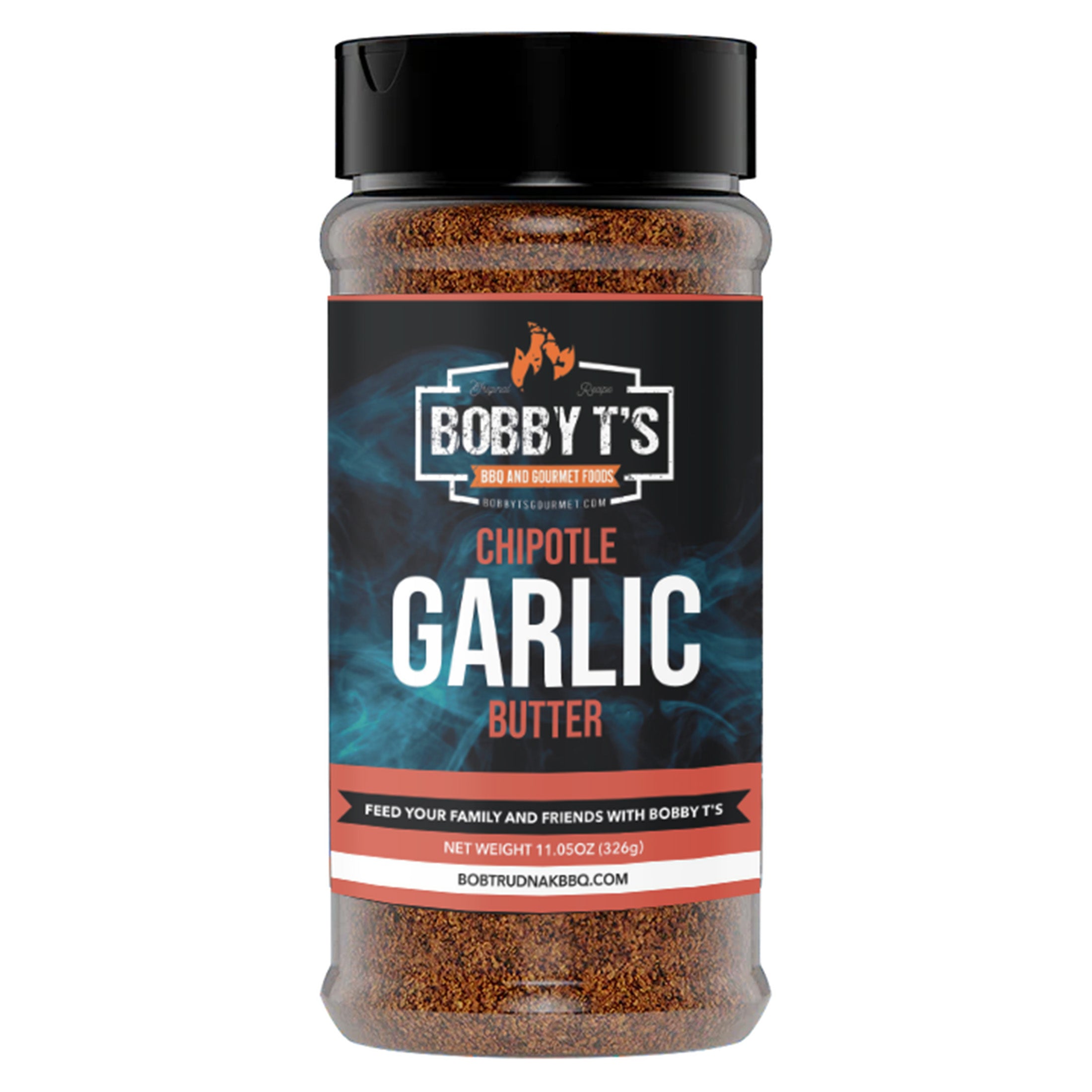Bobby T's Chipotle Garlic Butter Seasoning jar showcasing the rich blend of spices for grilling and flavoring dishes.