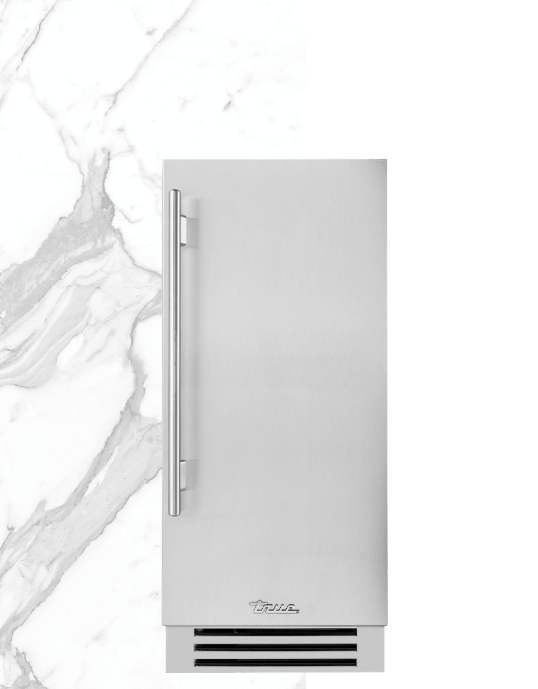 TRUE RESIDENTIAL UNDERCOUNTER CLEAR ICE MACHINE 15 SOLID STAINLESS on a marble countertop surface.