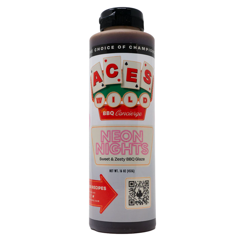 Aces Wild Neon Nights Sweet & Zesty BBQ Glaze bottle with vibrant label showcasing sweet zesty BBQ glaze.