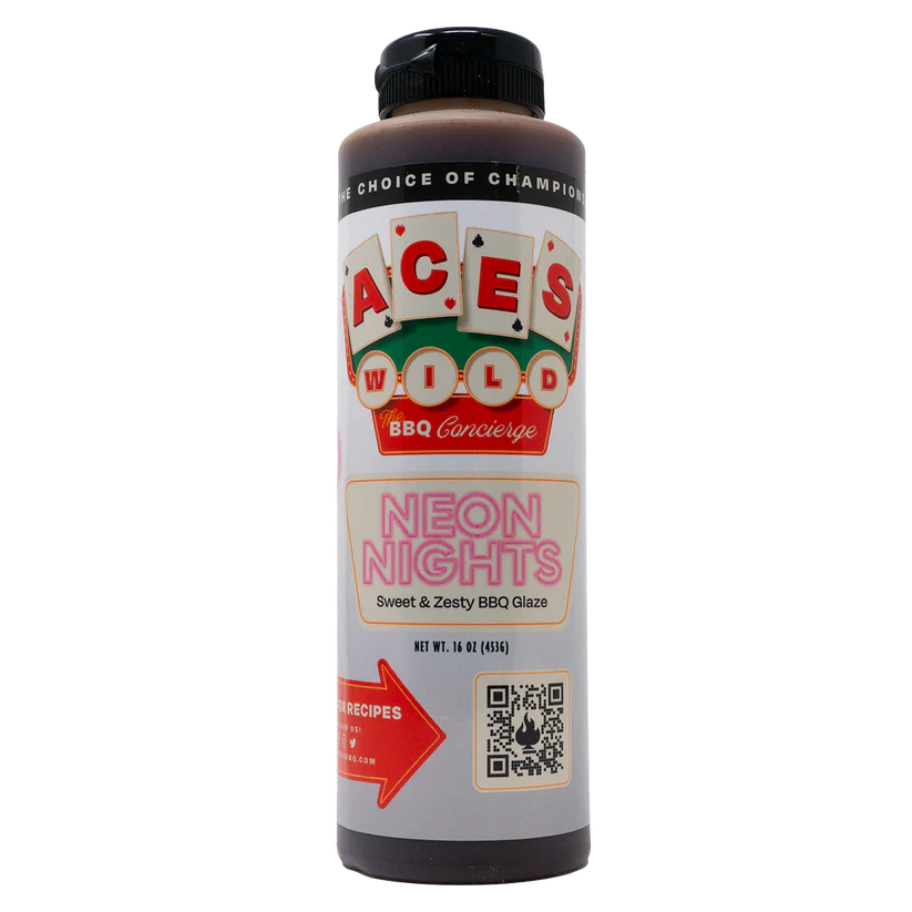 Aces Wild Neon Nights Sweet & Zesty BBQ Glaze bottle showcasing vibrant flavor and grilling potential.