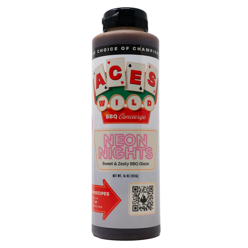 Aces Wild Neon Nights Sweet & Zesty BBQ Glaze bottle with vibrant label showcasing sweet zesty BBQ glaze.