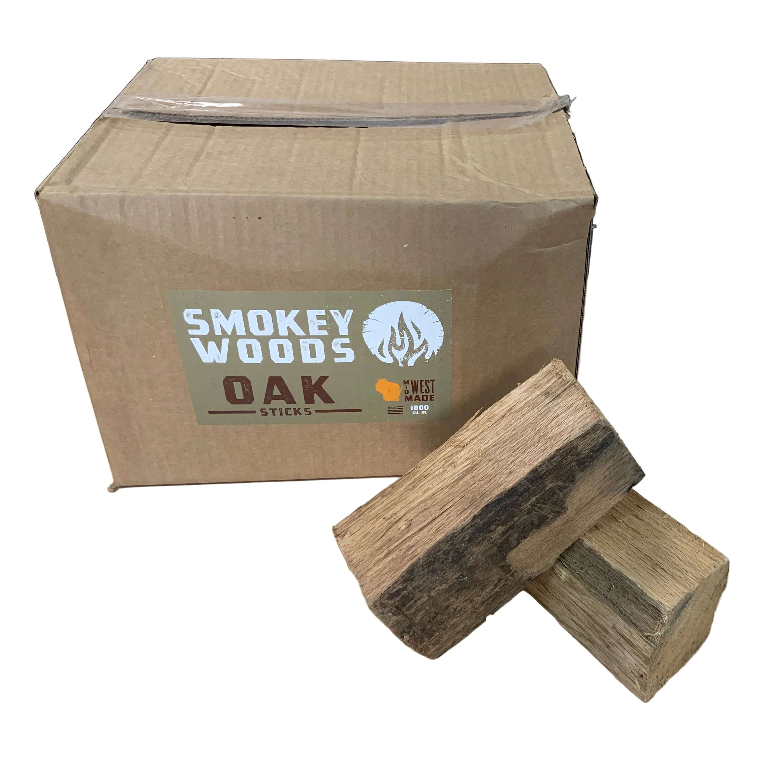Smokey Woods Boxed Mini Log Wood Splits with oak sticks, ideal for BBQ, smokers, and fire control, featuring premium hardwood.