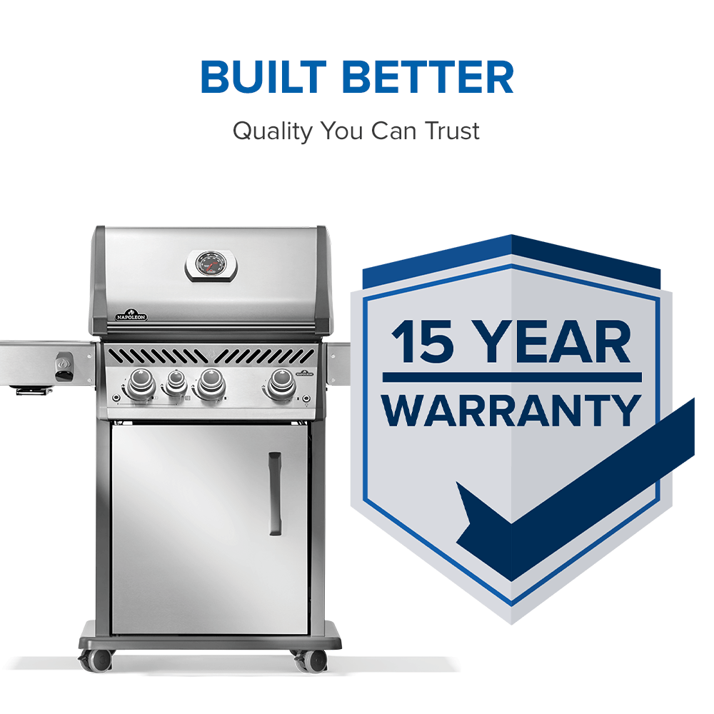 Napoleon stainless steel gas grill showcasing built better quality and a 15 year warranty.