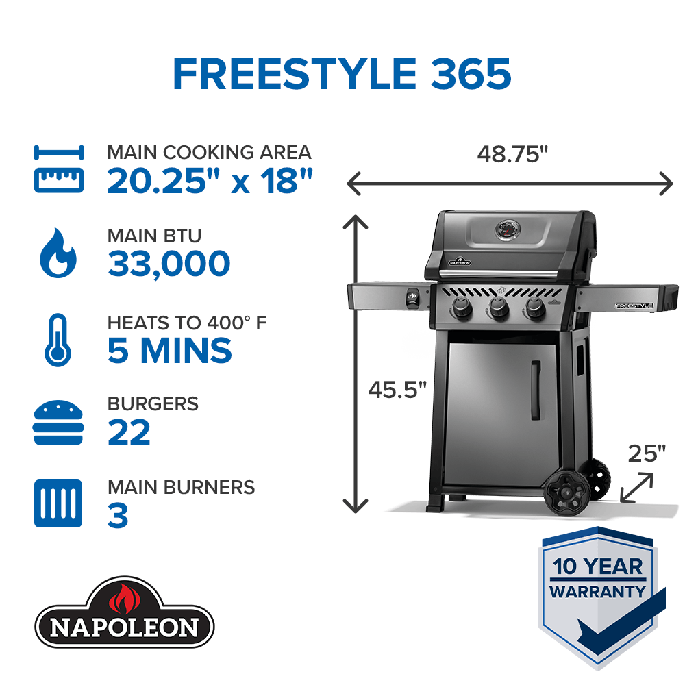 Napoleon Grills Freestyle 365 gas grill features, dimensions, and specifications infographic.