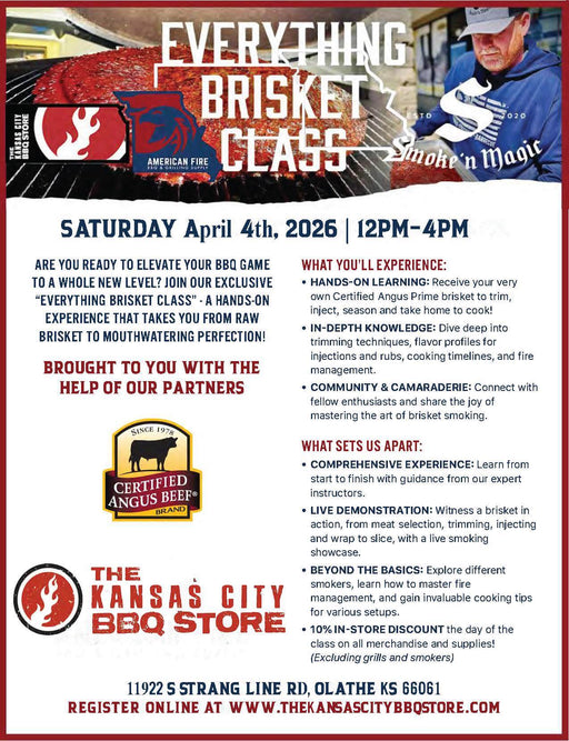 Everything Brisket Class at The Kansas City BBQ Store in Olathe — hands-on brisket smoking class with Smoke'n Magic BBQ team, April 4th 2026